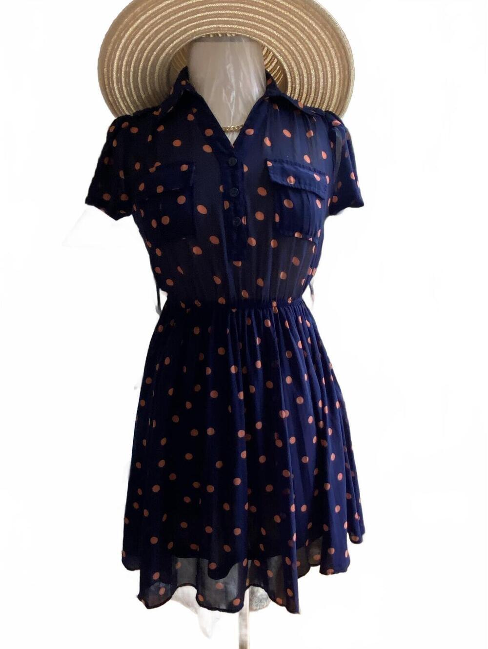 Ann Taylor Navy Blue Polka Dot Short Sleeve Dress Elastic Waist Women’s Size S